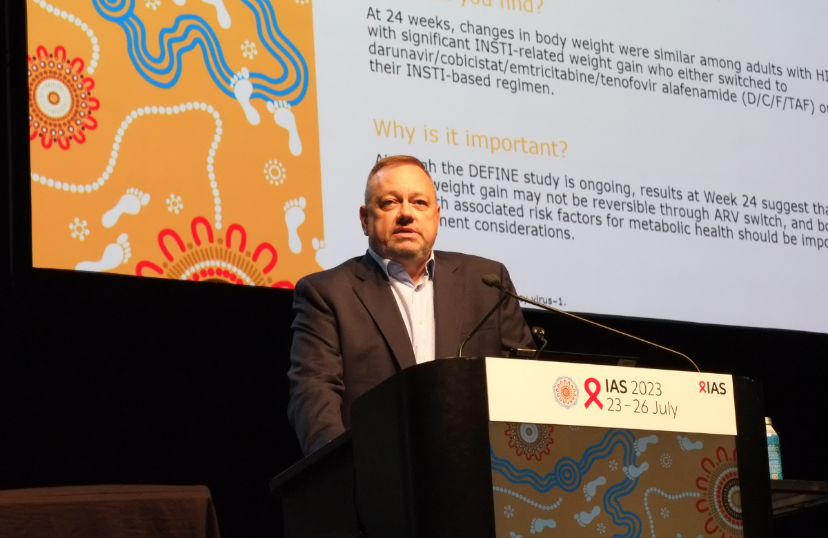 Dr William Short presenting the DEFINE study findings at IAS 2023. Photo by Roger Pebody.