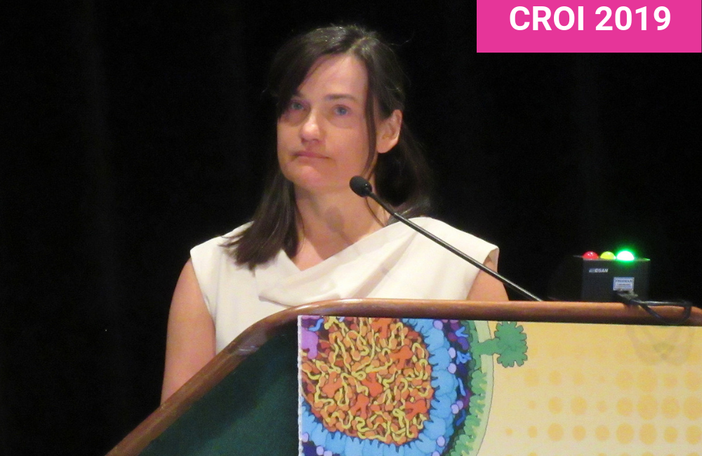 Kathryn Stephenson presenting at CROI 2019. Photo by Liz Highleyman.
