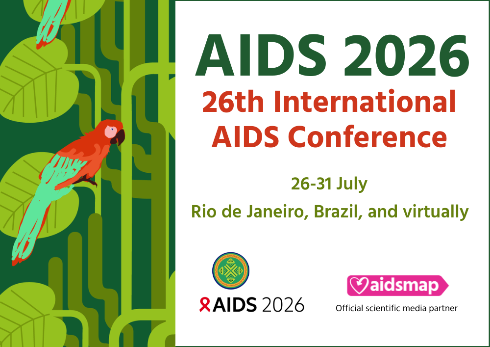 Text saying: AIDS 2026 - 26th International AIDS Conference - 26-31 July - Rio de Janeiro, Brazil, and virtually. The AIDS 2026 and aidsmap logos are at the bottom and artwork of a red and green parrot in front of green palm leaves to the left.