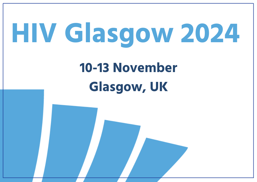 Text saying 'HIV Glasgow 2024, 10-13 November, Glasgow, UK' in blue on a white background.