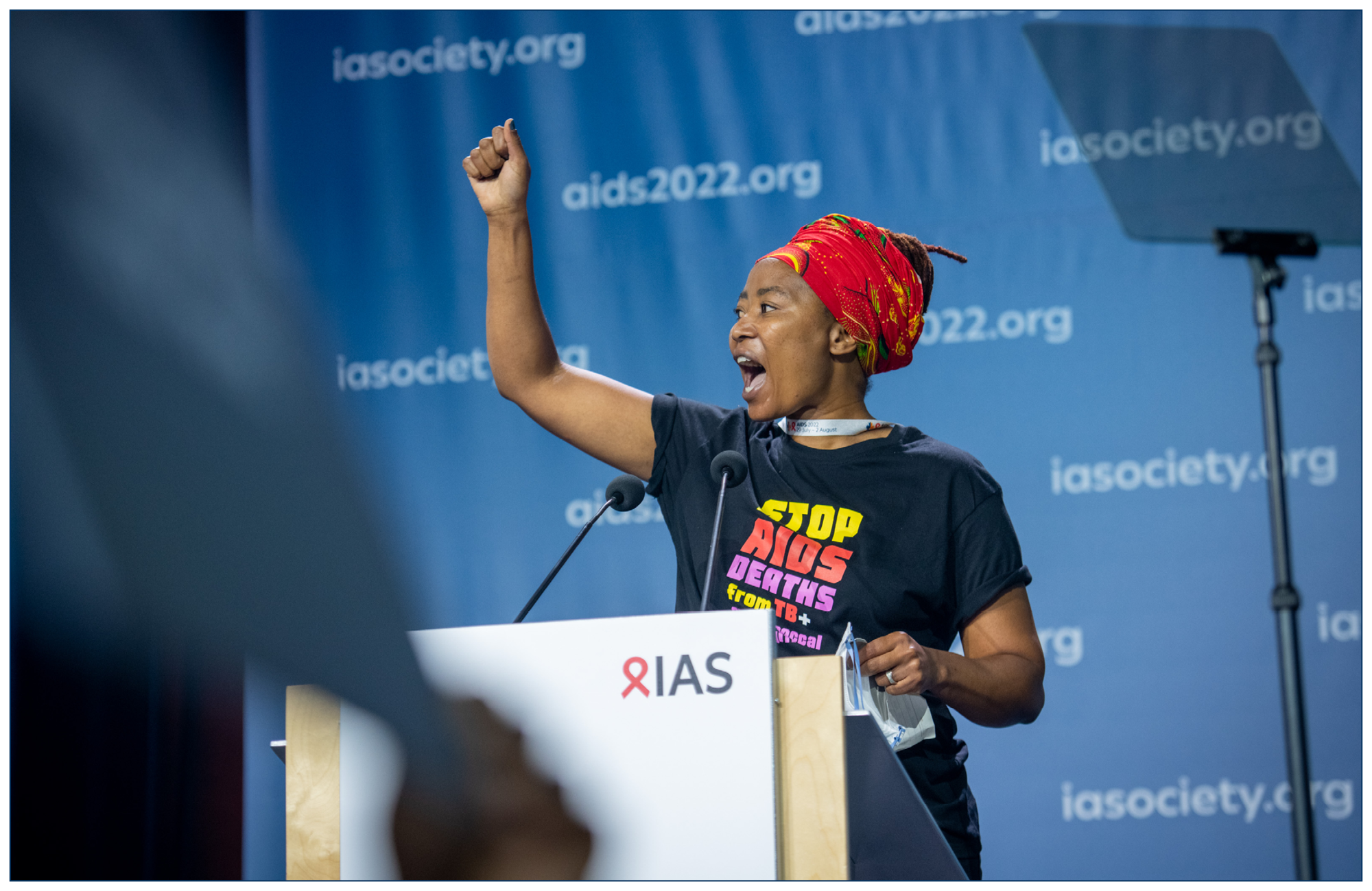 South African activist Vuyiseka Dubula protesting lack of action on tuberculosis and cryptococcal meningitis at AIDS 2022. Photo©Steve Forrest/Workers’ Photos/IAS.