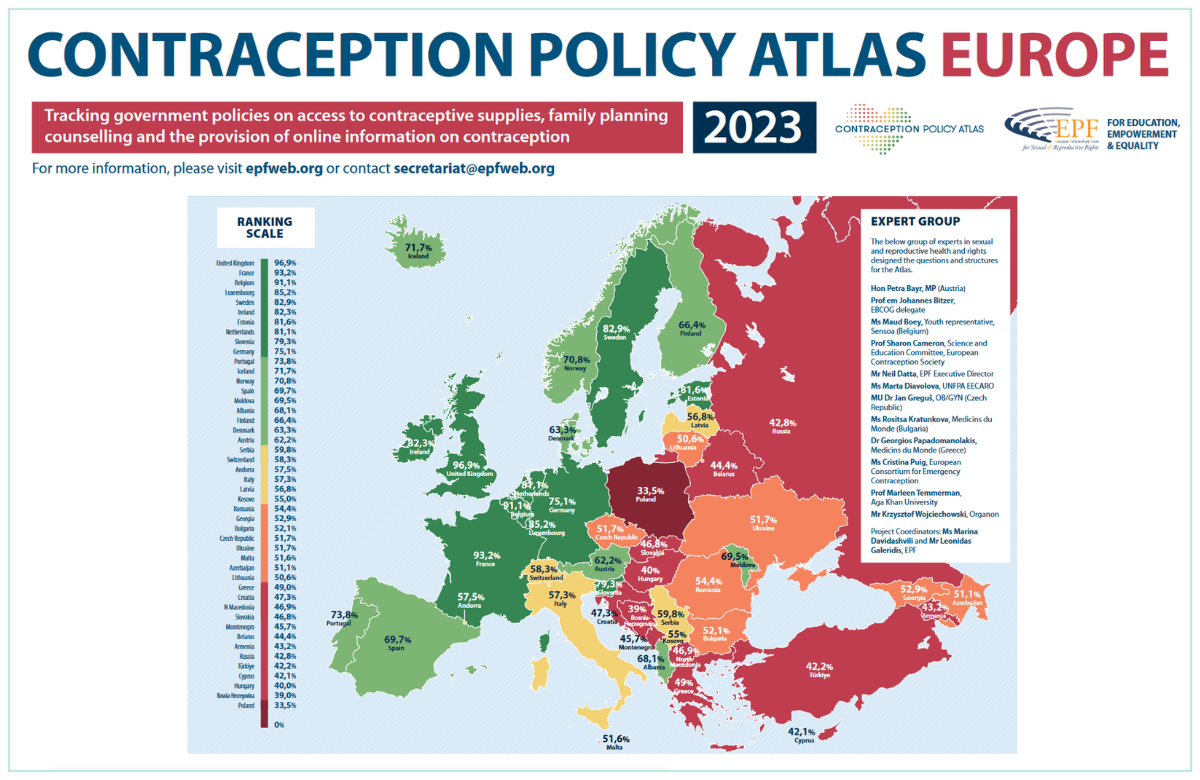 Map of Europe showing the contraception policy scores