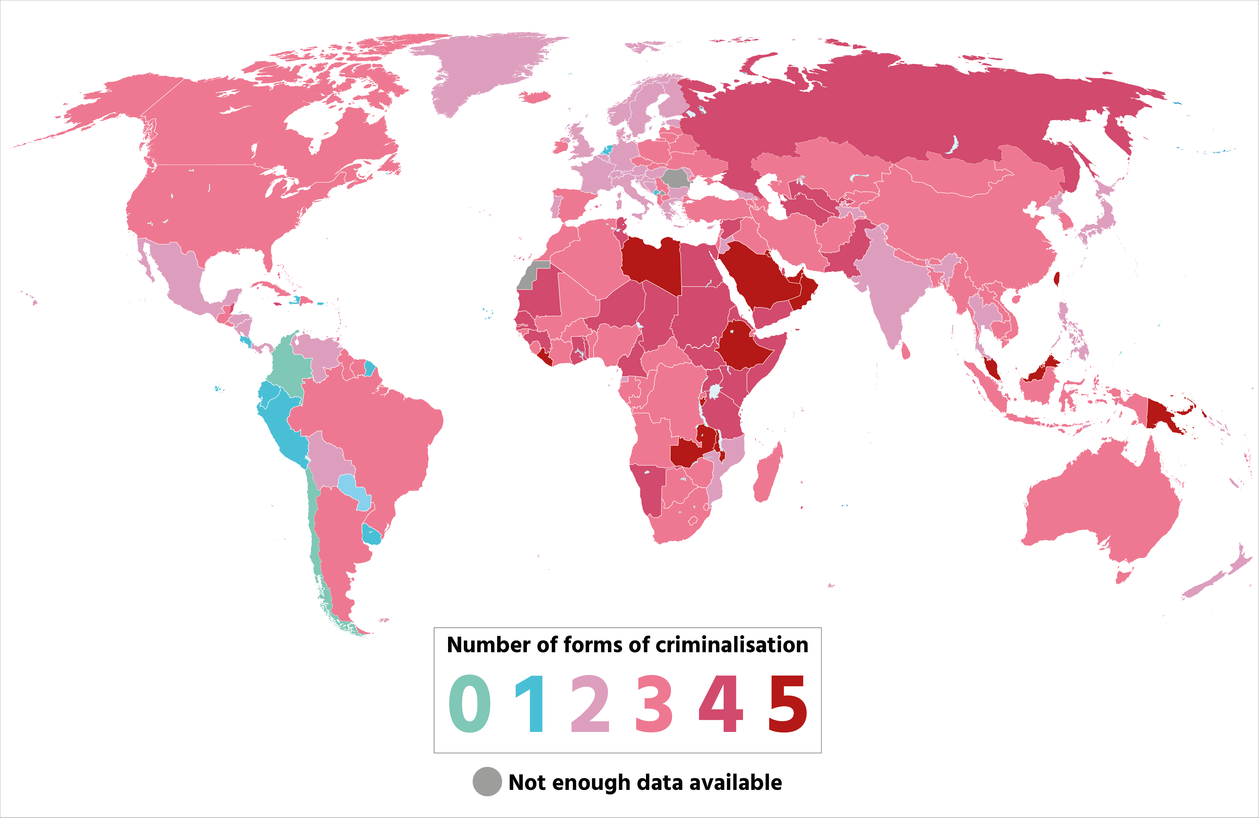 Many countries still partially or fully criminalise HIV transmission or exposure, same-sex relationships, drug use and/or sex work. The map shows how many of these behaviours are either fully or partially criminalised and/or have a history of being prosecuted. Data sources: UNAIDS, Georgetown University.