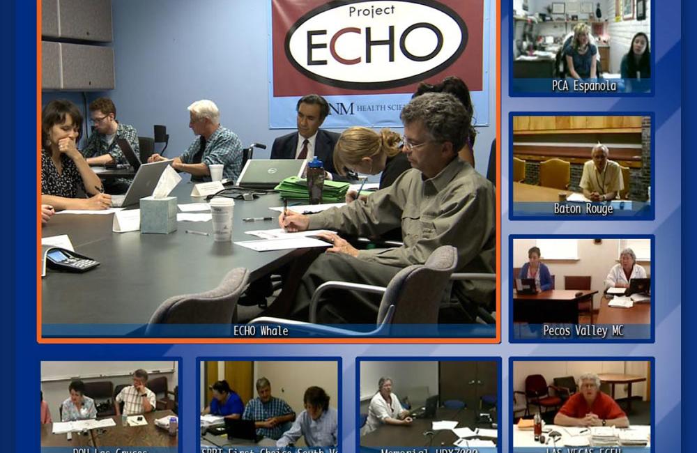 Project ECHO care teams take part in a virtual care conference using teleconferencing to link remote primary care centres to the University of New Mexico