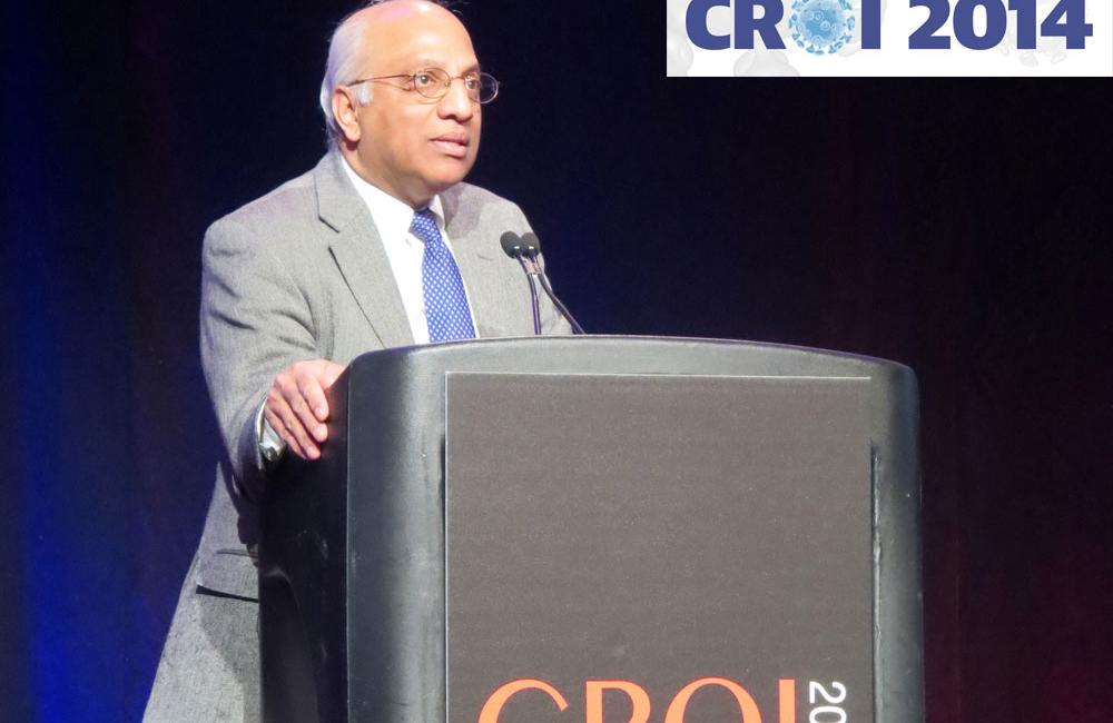 Prof. Rajendar Reddy, of the University of Pennsylvania Hospital, presenting at CROI 2014. Photo by Liz Highleyman, hivandhepatitis.com.