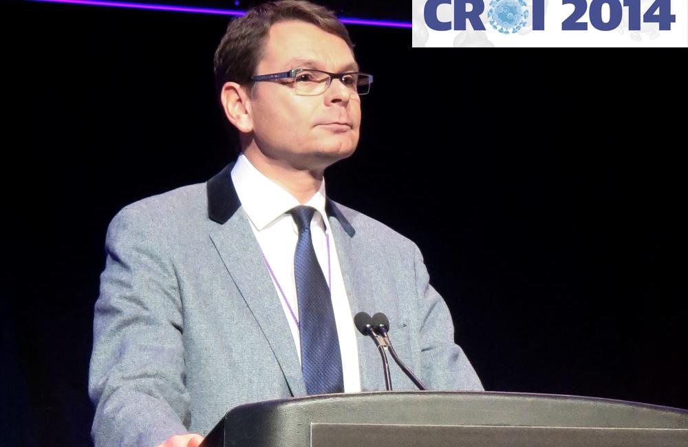 Christophe Hézode, from Hôpital Henri Mondor in Paris, presenting at CROI 2014. Photo by Liz Highleyman, hivandhepatitis.com.