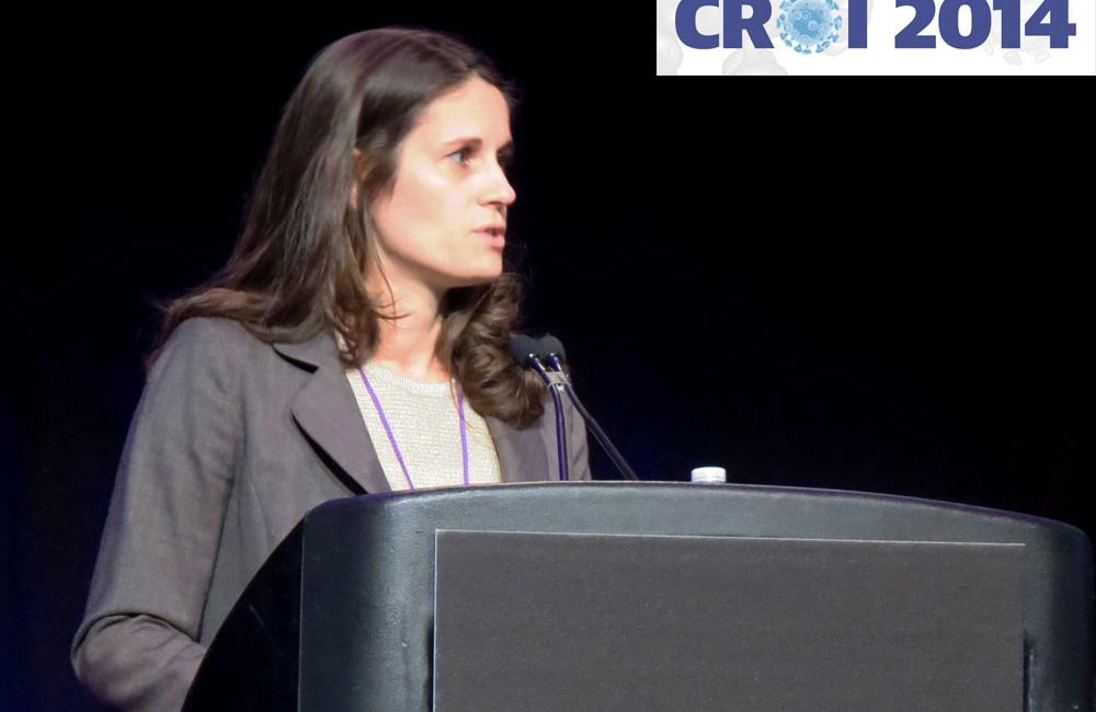 Susanna Naggie from Duke Clinical Research Institute presenting at CROI 2014. Photo by Liz Highleyman, hivandhepatitis.com.