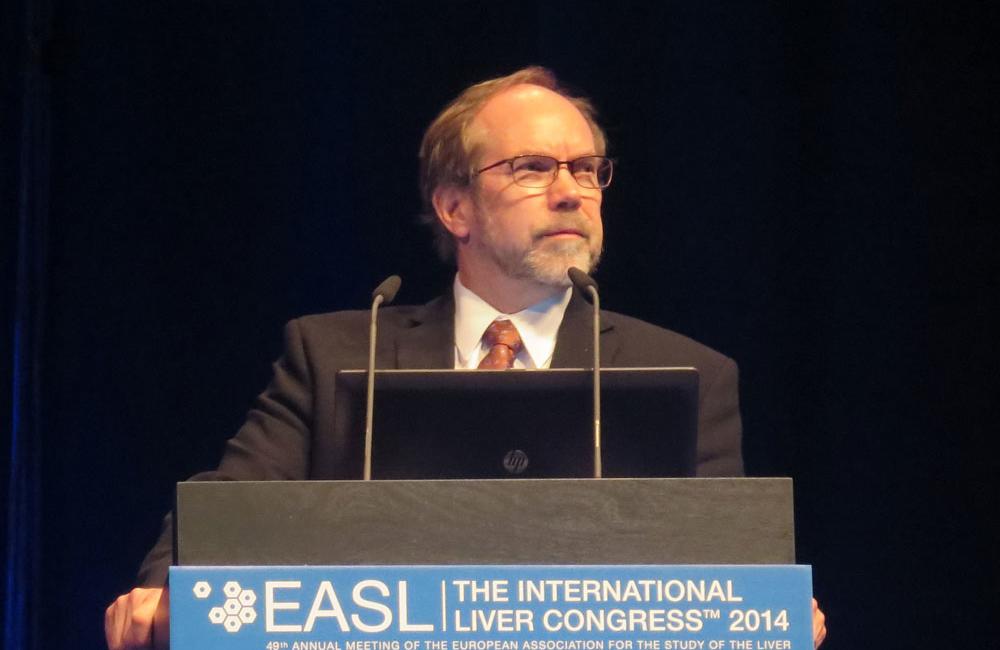 Gregory Everson speaking at the International Liver Congress 2014. Photo by Liz Highleyman, hivandhepatitis.com.