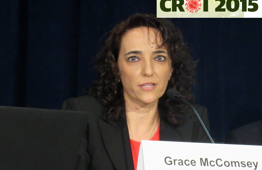 Grace McComsey presenting at CROI 2015. Photo by Liz Highleyman, hivandhepatitis.com
