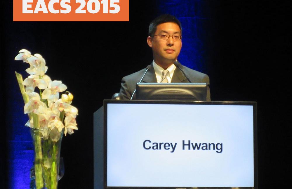 Carey Hwang, presenting at EACS 2015. Photo by Liz Highleyman, hivandhepatitis.com