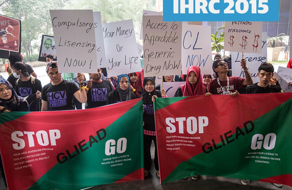 Conference delegates protest against the unaffordability of hepatitis C treatment. Photograph © 2015 Ahmad Yusni/Harm Reduction International.