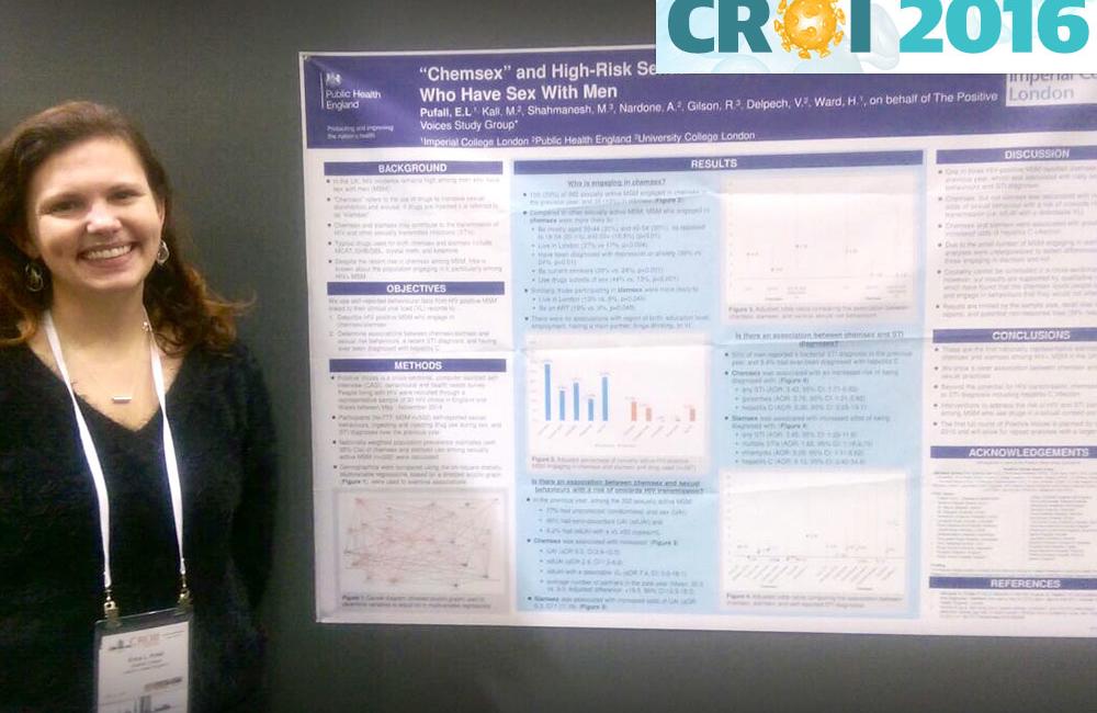 Erica Pufall with the research poster presented at CROI 2016.
