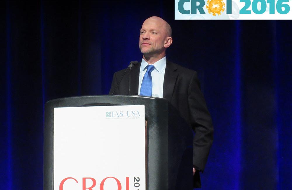 Roy Gulick presenting at CROI 2016. Photo by Liz Highleyman, hivandhepatitis.com