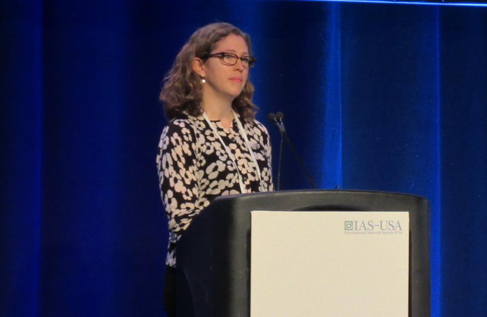 Katharine Bar presenting at CROI 2016. Photo by Liz Highleyman, hivandhepatitis.com