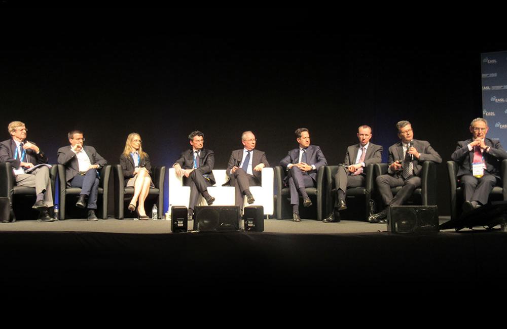 EASL guidelines panel, from left to right, is David Back, Xavier Forns, Nancy Reau, Laurent Castera, Jean-Michel Pawlotsky, Alessio Aghemo, Christoph Sarrazin, Massimo Puoti, and Geoffrey Dusheiko. Photo by Liz Highleyman, hivandhepatitis.com