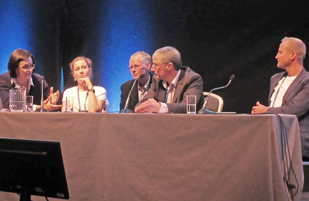 Photo of treatment prioritisation debate including Sharon Hutchinson, Anne Øvrehus, Peer Brehm Christensen, Graham Foster, and Martin Kåberg. Photo by Liz Highleyman, hivandhepatitis.com