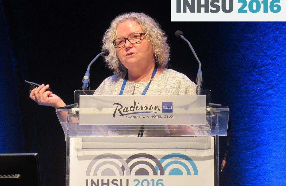 Holly Hagan of New York University presenting at INHSU 2016. Photo by Liz Highleyman, hivandhepatitis.com