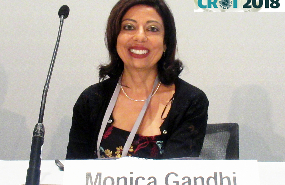 Monica Gandhi presenting at CROI 2018. Photo by Liz Highleyman.