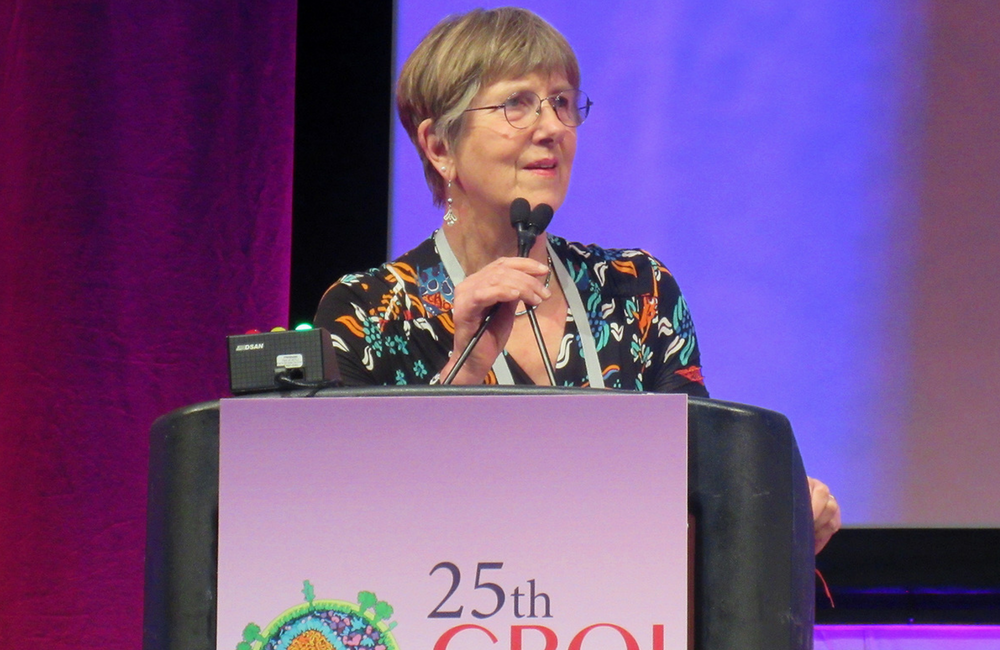Diana Gibb at CROI 2018. Photo by Liz Highleyman.