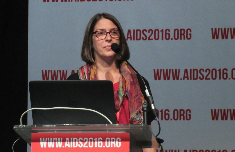 Sybil Hosek presenting at AIDS 2016. Photo by Liz Highleyman, hivandhepatitis.com