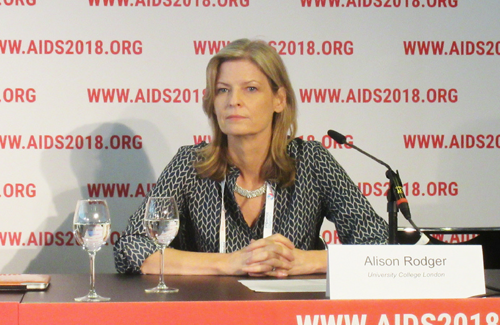 Alison Rodger at the PARTNER 2 press conference. Photo by Liz Highleyman.