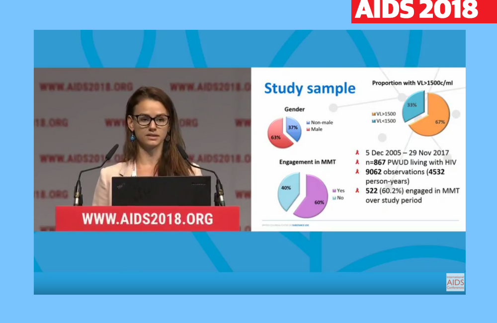 Image from the webcast of Brittany Barker presenting at AIDS 2018.