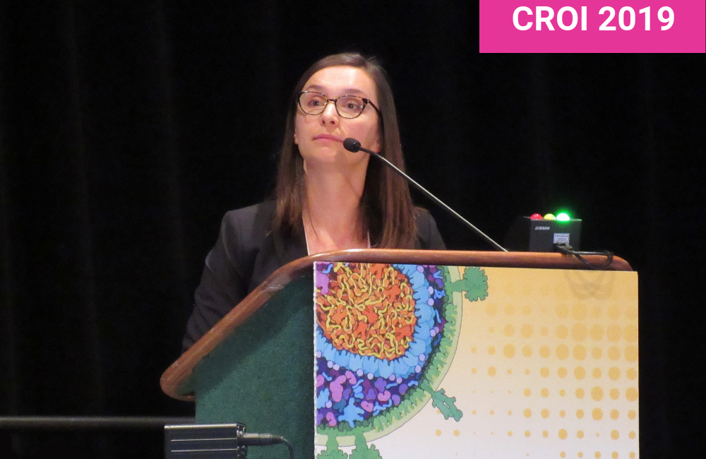 Jennifer Sager presenting at CROI 2019. Photo by Liz Highleyman.