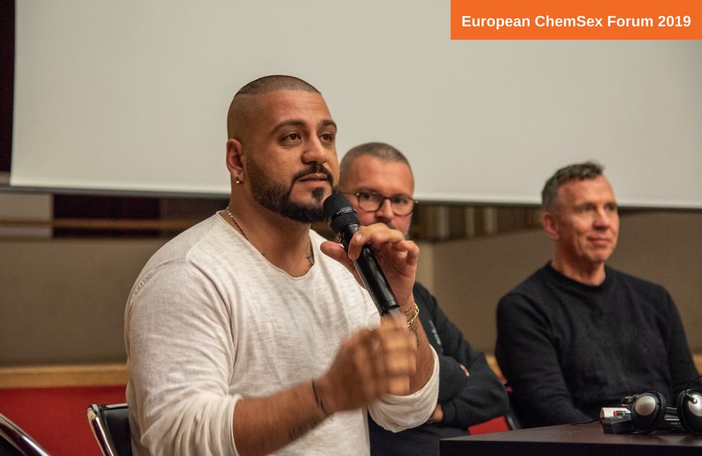 Elie Balan speaking at the ChemSex Forum in Paris. Image: Adam Schultz