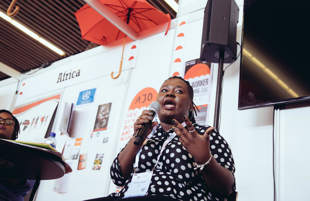 Phelister Abdalla, the National Coordinator of the Kenya Sex Workers Alliance (KESWA), speaking at AIDS 2018. Image by juno mac. Creative Commons licence.