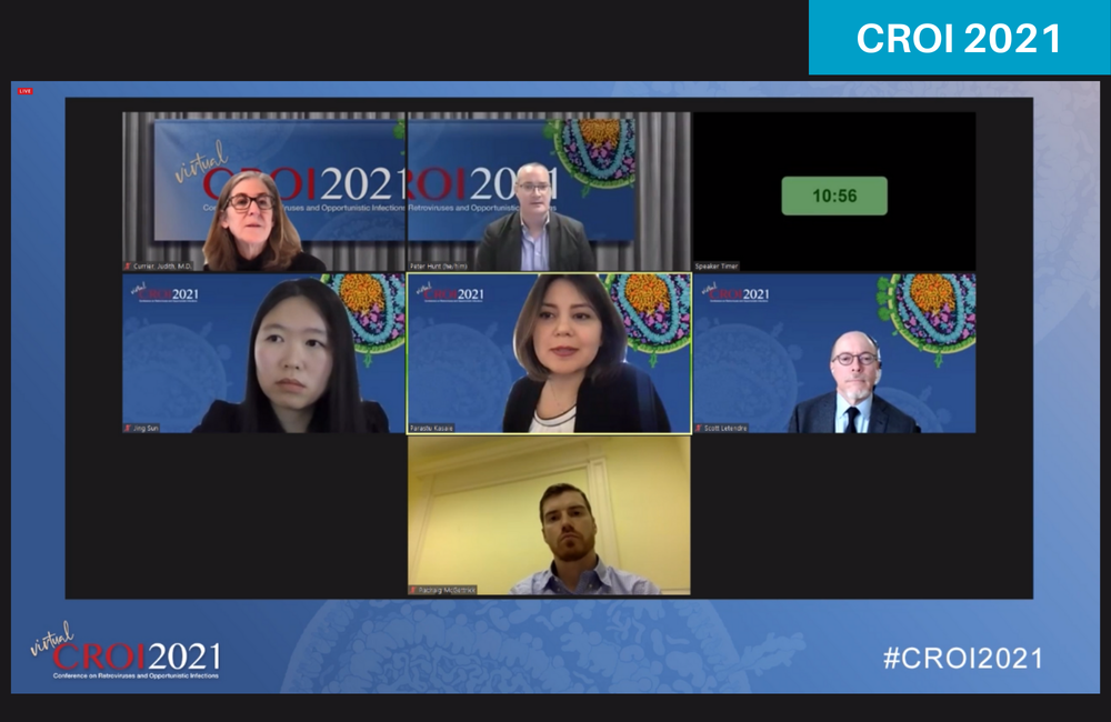 Dr Parastu Kasaie (centre) presenting findings on multiple co-morbidities to CROI 2021. Dr Parastu Kasaie (centre) presenting findings on multiple co-morbidities to CROI 2021.