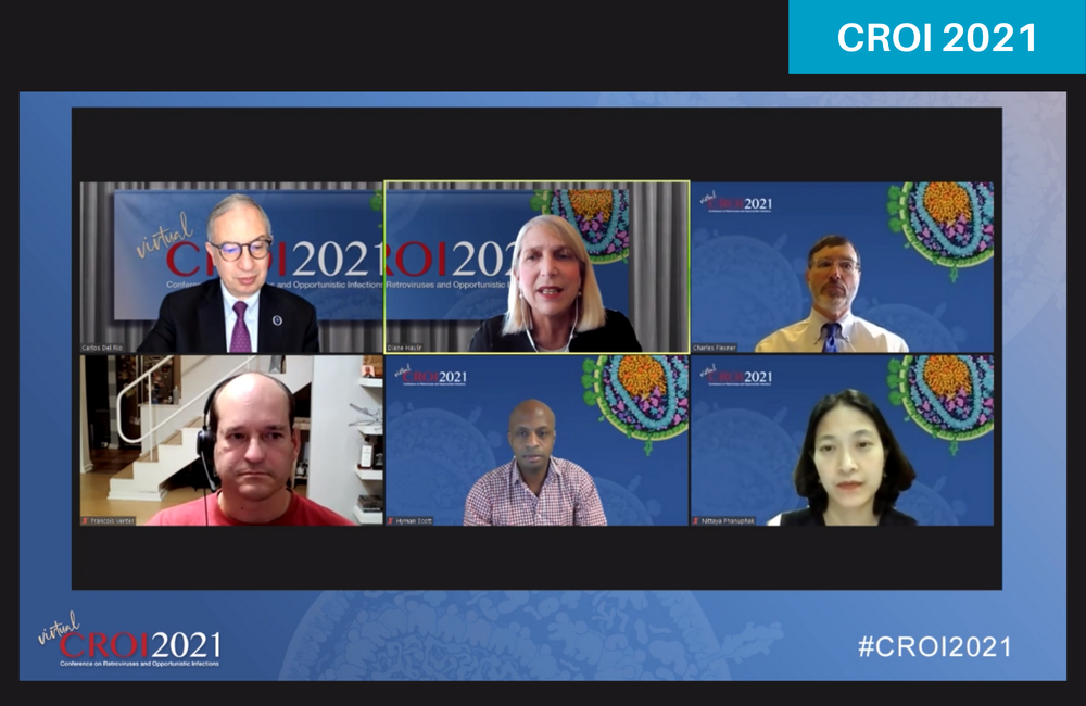 Carlos del Rio, Diane Havlir, Charles Flexner, Francois Venter, Hyman Scott, Nittaya Phanuphak (top to bottom, left to right) at CROI 2021.