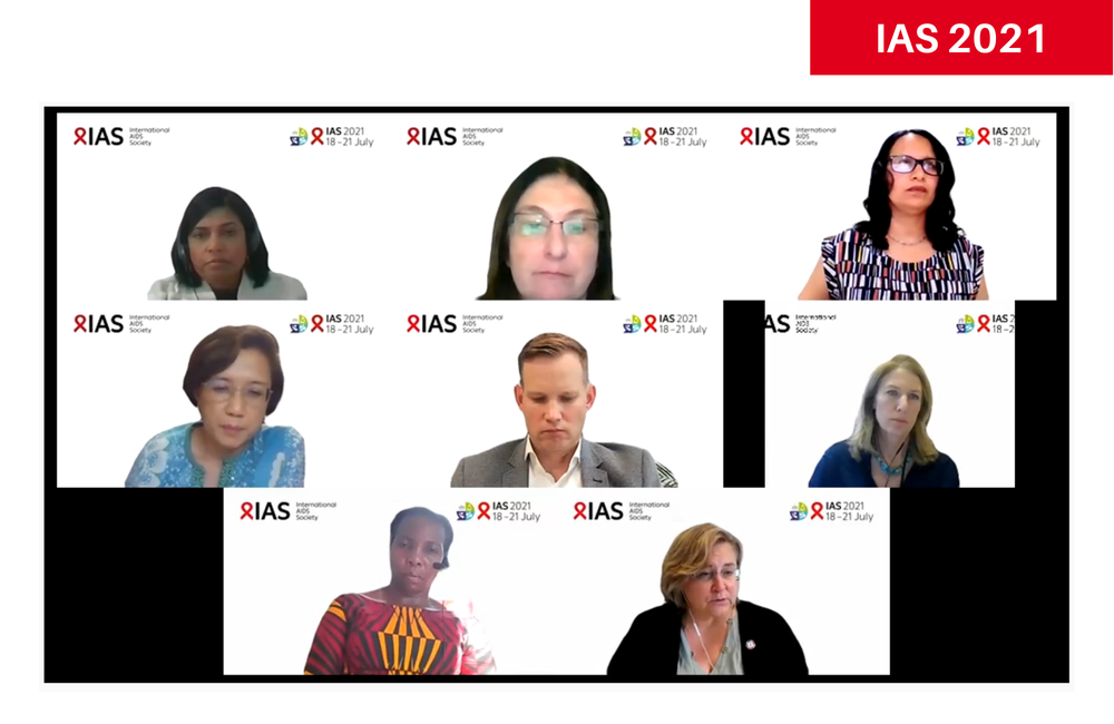 Dr Silvia Bertagnolio (centre row, right), Prof Dr Adeeba Kamarulzaman (centre row, left) and Dr Meg Doherty (bottom row, right) at an IAS 2021 press conference.