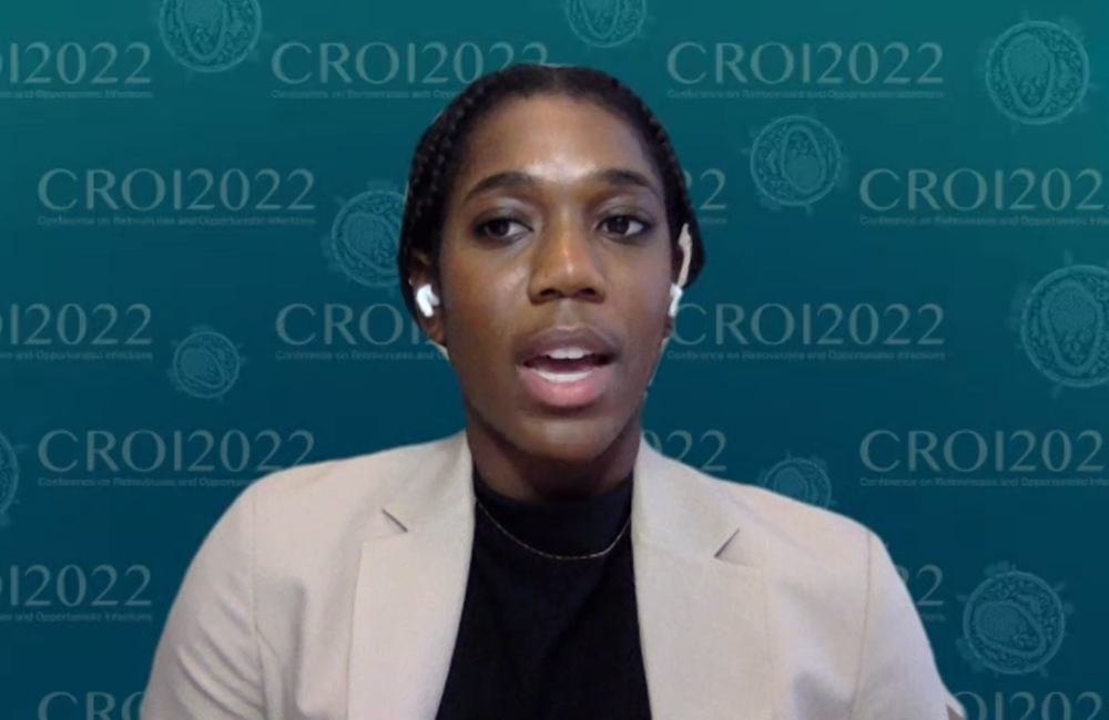 Maya Jackson-Gibson presenting the study on COVID-19 and adverse birth outcomes at CROI 2022.