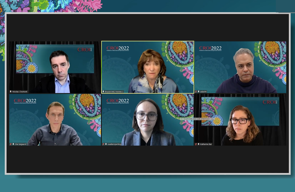 Professor Yvonne Bryson (top centre) presenting the HIV remission case at CROI 2022. Professor Yvonne Bryson (top centre) presenting the HIV remission case at CROI 2022.