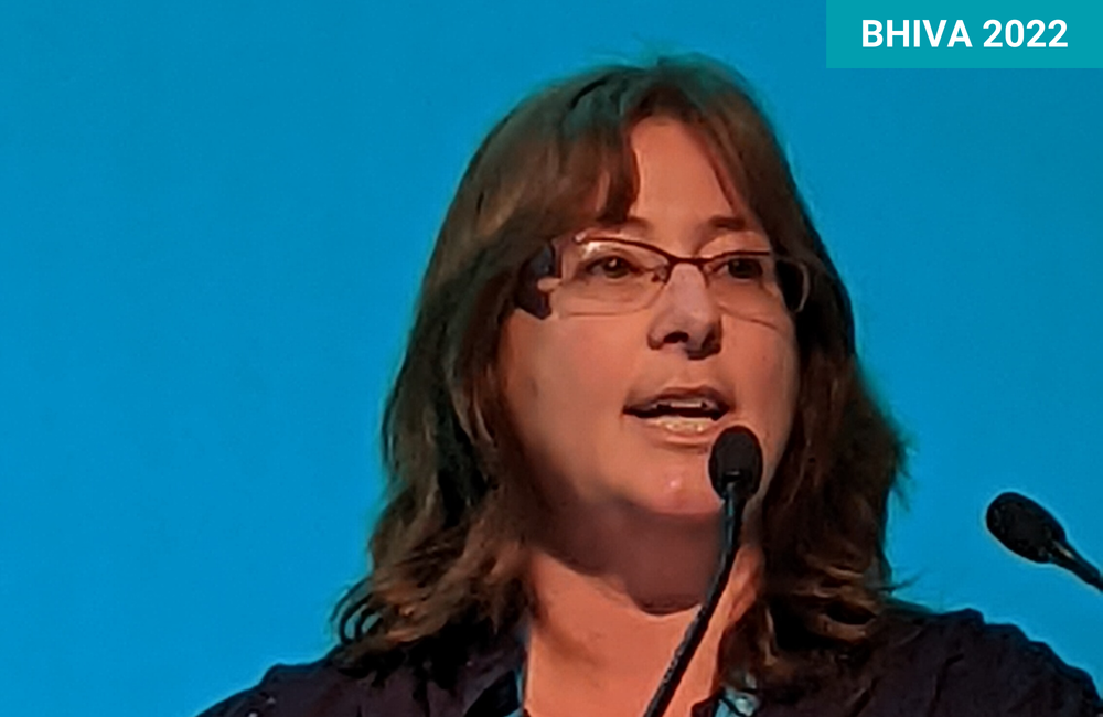 Dr Julie Fox presenting at BHIVA 2022. Image by Gus Cairns.