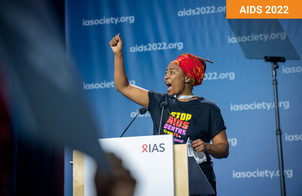 South African activist Vuyiseka Dubula protesting lack of action on tuberculosis and cryptococcal meningitis at AIDS 2022. Photo©Steve Forrest/Workers’ Photos/IAS.