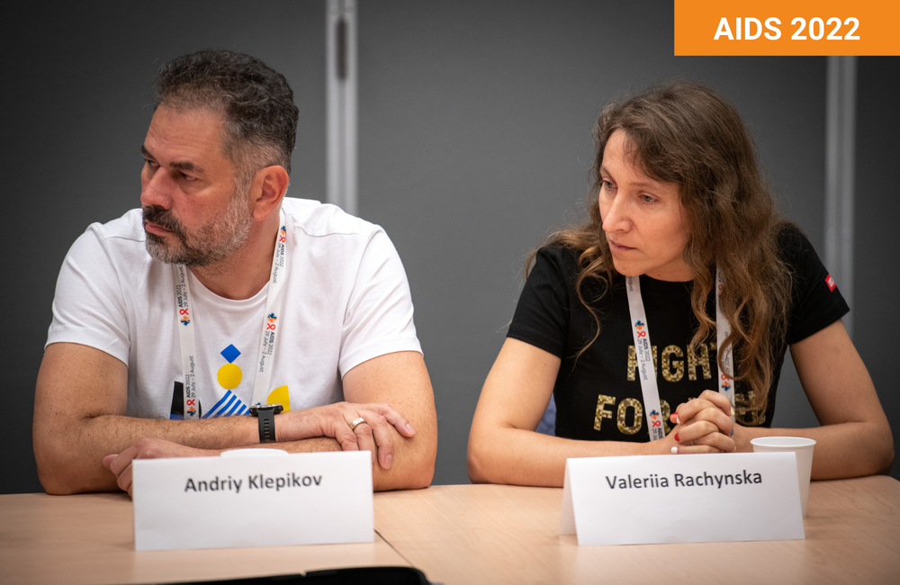 Andriy Klepikov from the Alliance for Public Health and Valeriia Rachynska from 100% Life at AIDS 2022. Photo ©Steve Forrest/Workers’ Photos/IAS.