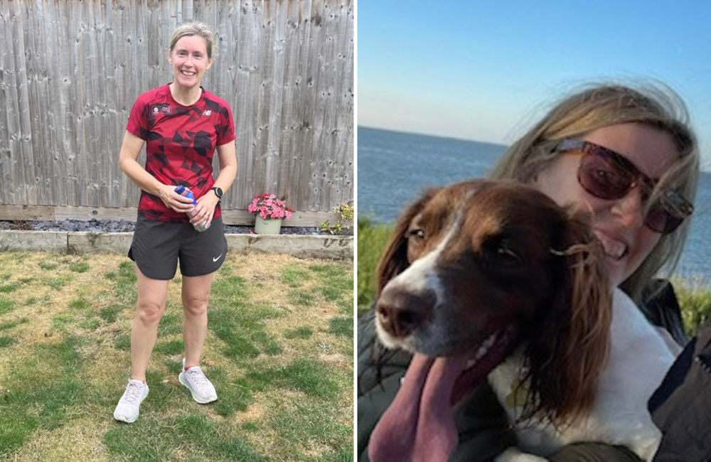 Louisa after one of her marathon training runs and with her dog Luna.