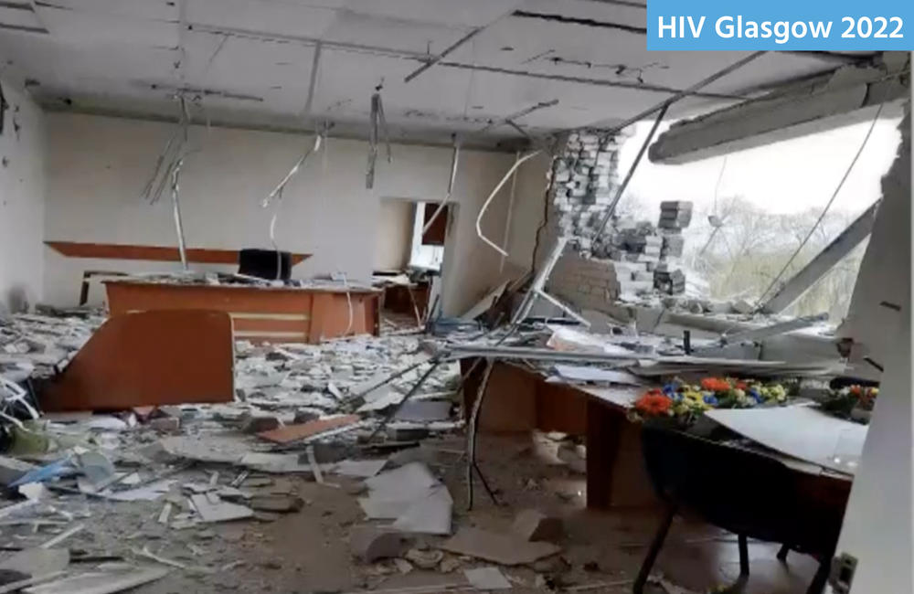 Chernihiv AIDS Center after being hit by a missile. Image from Sergiy Antoniak's EACS Standard of Care meeting presentation.