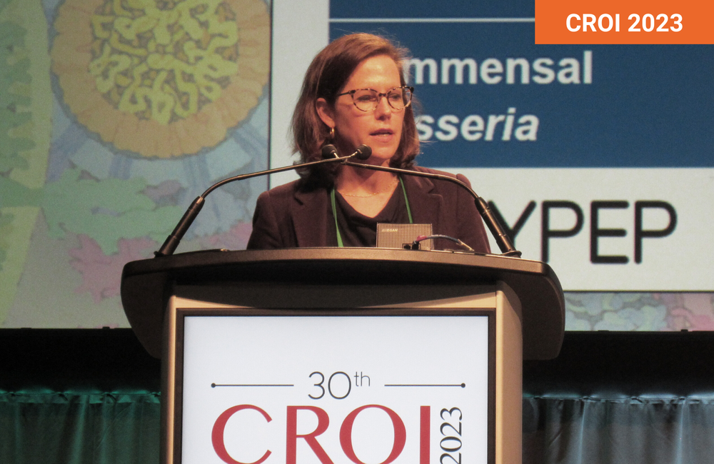 Professor Annie Luetkemeyer presenting at CROI 2023. Photo by Liz Highleyman. Professor Annie Luetkemeyer presenting at CROI 2023.