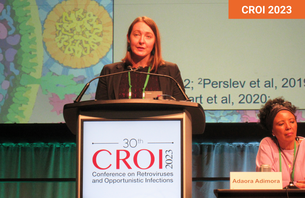 Dr Jenell Stewart presenting at CROI 2023. Photo by Liz Highleyman. Dr Jenell Stewart presenting at CROI 2023.