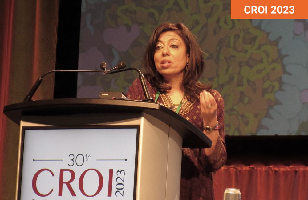 Professor Monica Gandhi presenting at CROI 2023. Photo by Liz Highleyman. Professor Monica Gandhi presenting at CROI 2023.
