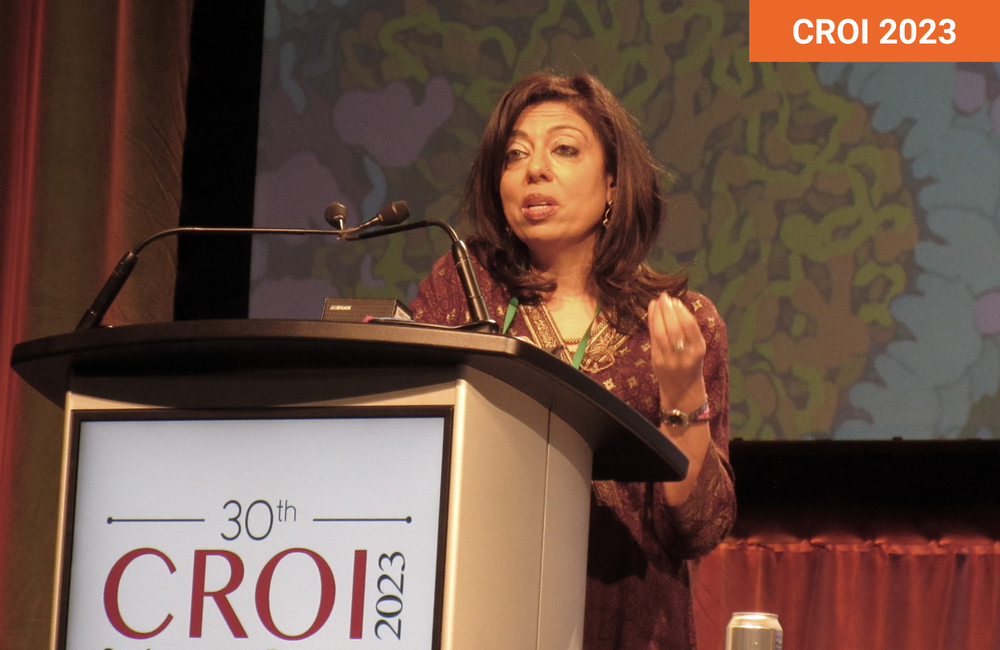 Professor Monica Gandhi presenting at CROI 2023. 