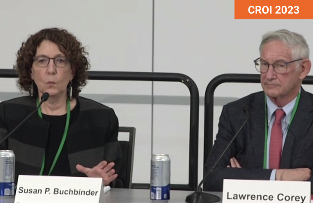 Professors Susan Buchbinder and Larry Corey at CROI 2023. Photo by Gus Cairns. Professors Susan Buchbinder and Larry Corey at CROI 2023.