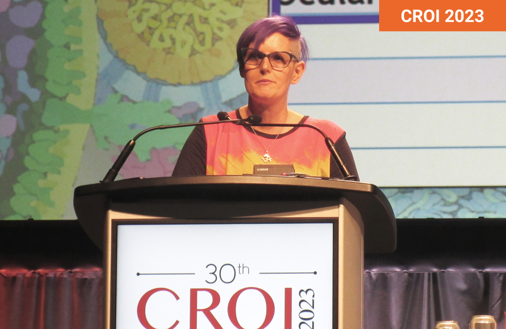 Professor Chloe Orkin presenting at CROI 2023. Photo by Liz Highleyman. Professor Chloe Orkin presenting at CROI 2023.