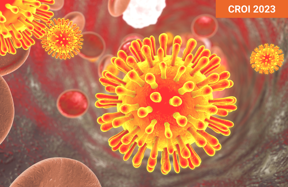 Kateryna Kon/Shutterstock.com Image of red and yellow HIV viruses.