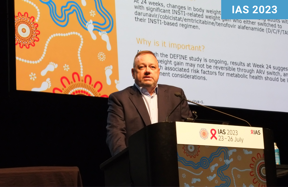 Dr William Short presenting the DEFINE study findings at IAS 2023. Photo by Roger Pebody. Dr William Short presenting the DEFINE study findings at IAS 2023.