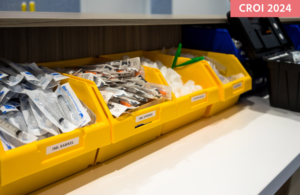 Yellow containers of syringes at a needle exchange in Melbourne, Australia.