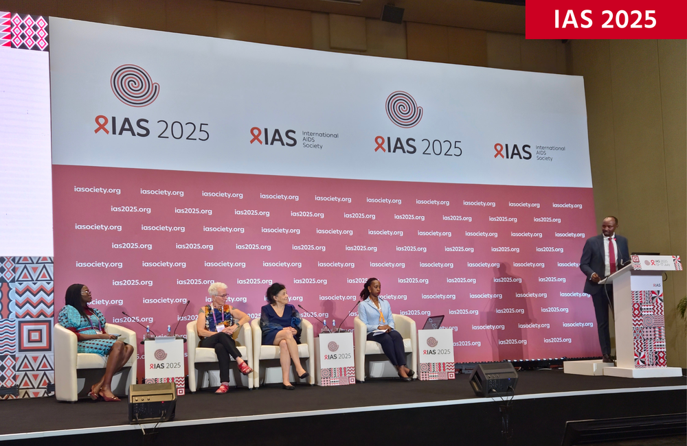 Rwanda's health minister Dr Sabin Nsanzimana gives a call to action during the session at IAS 2025. Image: Edith Magak. Rwanda's health minister Dr Sabin Nsanzimana gives a call to action during the session at IAS 2025. He is standing at a podium on a stage with the other session speakers sitting nearby.