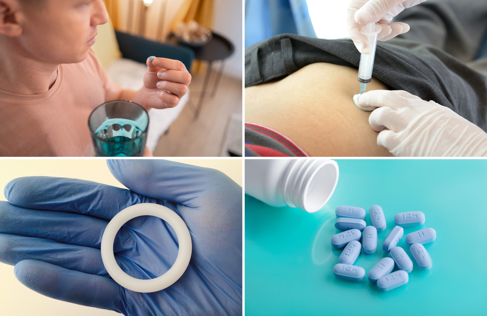 A montage of four images: a man holding a blue pill and a glass of water; an injection being given into someone's buttocks; a white vaginal ring on a blue surgical glove; blue PrEP pills spilling out of a white bottle onto a turquoise table.